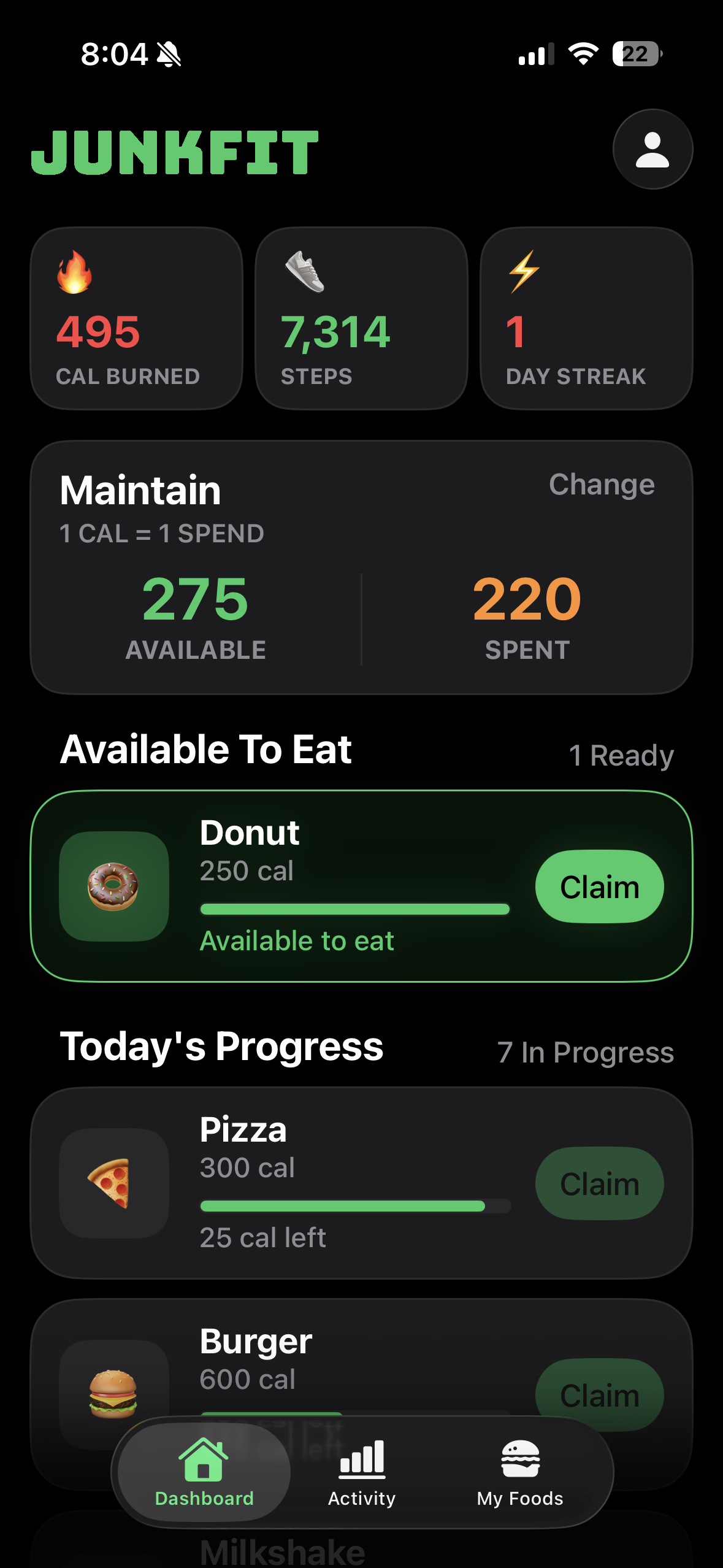 Junkfit dashboard screen